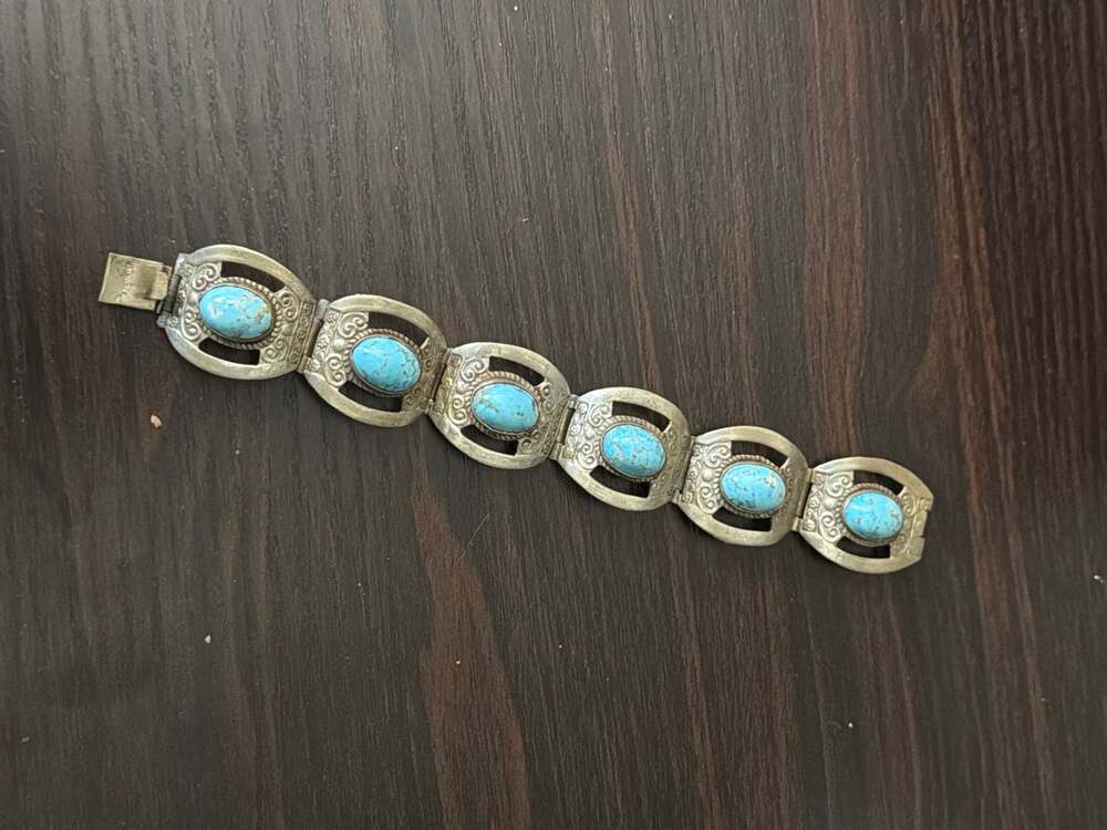 Vintage Mexican Sterling Silver Turquoise 6-Link Panel Bracelet